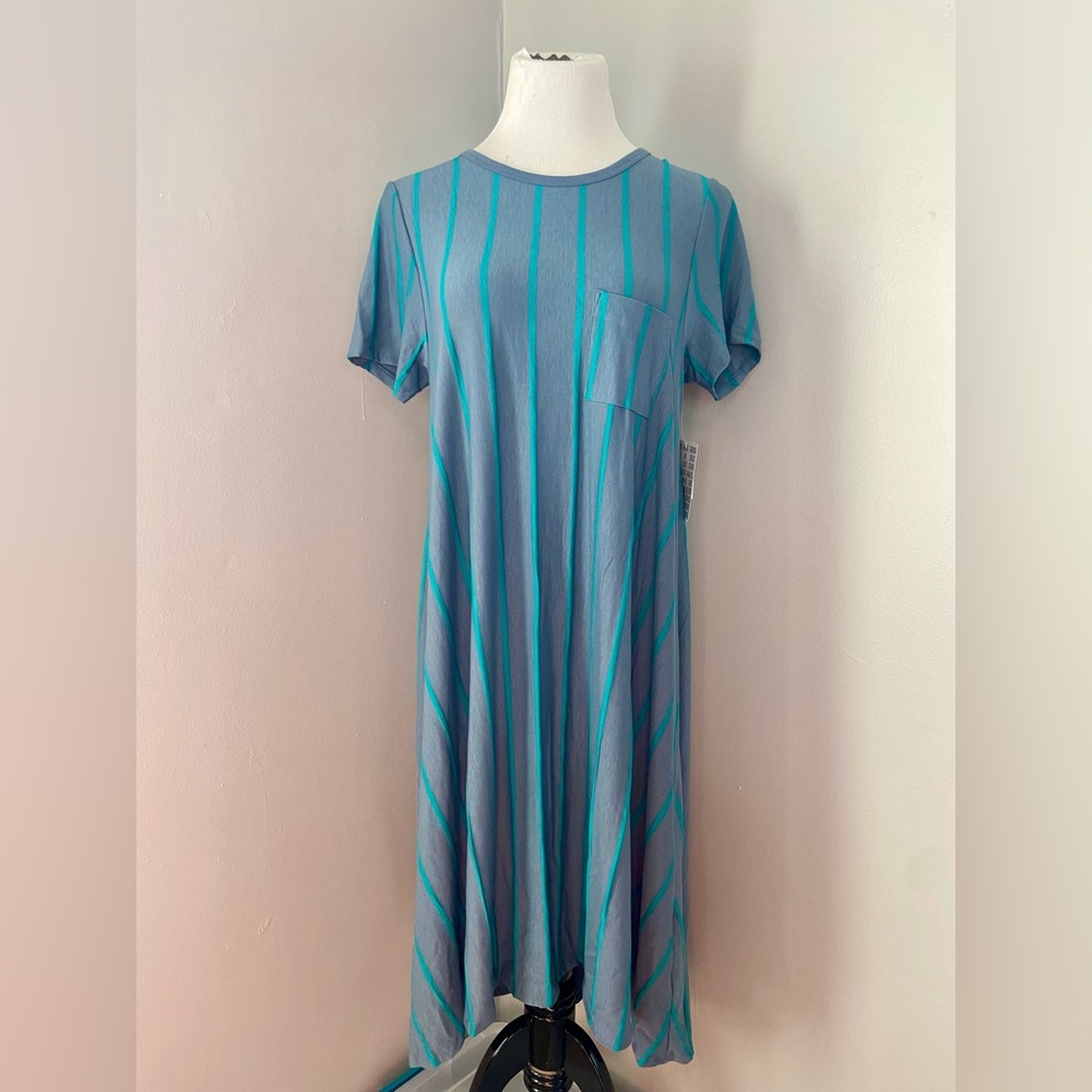 LuLaRoe Carly Dress Gray with Blue Vertical Stripes - Picture 7 of 7
